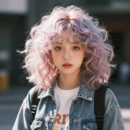 A digital art of a cute  girl with messy curly pastel hair, streetwear fashion, in the style of lya kushinov, Avetetsuya Studios