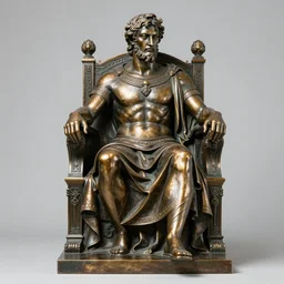 full body bronze sculpture of hades, neo - classical style, very detailed, sitting on a throne, sharp facial features, professional photography, royal, dynamic and dominating
