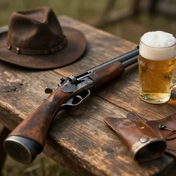 old west table with gun and beer, macro, read dead 2 style, digital art, unreal engine, wallpaper