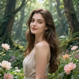 cinestill 5 0 d panorama of a woman, by roversi mystical forest in background, greenery, light beams from top, romance, pastel flowers, fine art, awesome fantasy book cover on pinterest, award winning, hyperrealistic dark fantasy landscape, beauty intricate, elegant, sharp focus, cinematic lighting, highly detailed, in head