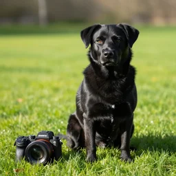 a black dog sitting in the grass getting some sun, 20mm lens, Sony a7siii