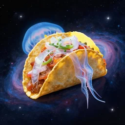 jelly fish on a taco in a nebula, outer space with onions