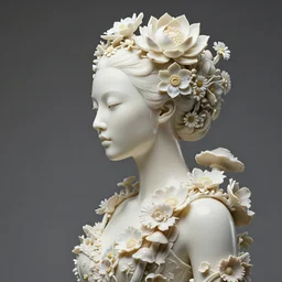 biomechanical beautiful asian woman portrait with a smooth carved porcelain ivory profile face, futuristic haute couture dress draped in flowers and mushroom, iris van herpin, headdress with daisies and lotus, hyper detailed, ultra sharp, 8 k
