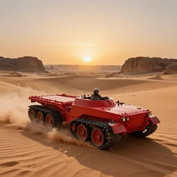 a digital image of the planet kharak, showing the great banded desert, with sun setting in the backgound, with several rock formations and mesas in the background, and a large, red, flat, carrier with tank treds up - close with a soban mercenary driving across the sand which is kicking up sand