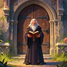 an angry old wizard facing the camera in robes holding a closed magical book standing in front of an elaborate ancient arched wooden oak closed door. The door has an elaborate metal lock and iron bracing. beautiful colorful fantasy rendering, colorful, grass, stone steps, steps, glowing runes, morning, golden hour, inspired by art of James Gurney and Greg Rutkowski