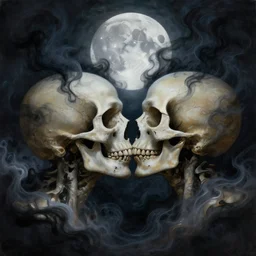 2 skulls kissing, under the moon, magical art portrait covered in black smoke from heaven, abstract, surreal, painted by michael whelan, artgerm, greg rutkowski and luis royo