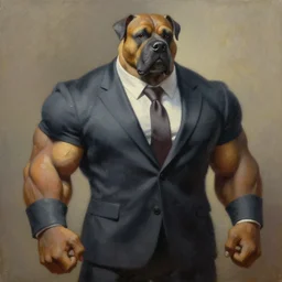 a muscular humanoid dog in a suit, oil painting