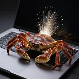 a crab in front of an open laptop, laptop, keyboard, computer, by pre - raphaelite brotherhood, unreal engine, glamor shot, nikon d 7 5 0, closeup, f / 2. 8, low contrast, rim lighting, optical fiber, cinematic lighting, insanely detailed and intricate, hypermaximalist, elegant, ornate, hyper realistic