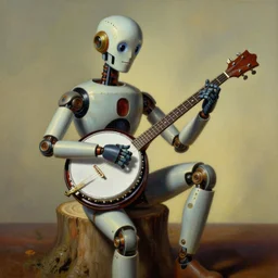 retrofuturism robot, playing a deering banjo, sitting on a stump, high detail, hyper realistic, painting by rene magritte, style of salvador dali, trending on artstation, retrofuturism, style of michael cheval, 8 k
