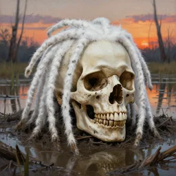 a detailed and accurate masterpiece painting of a skull with white dreadlocks, white hai dreads deep in mud in a swamp at sunset, sharp detail, by tyler edlin, noah bradley, john j. park, jordan grimmer trending on artstation