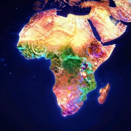 a vibrant colorful head and shoulders portrait of the continent africa, zoom out, immersive digital art experiences, glowing lights, magic details, by moebius, edward hopper, james gilleard, and james jean, hd, 8 k, trending on artstation, uhd,