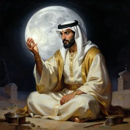 Ancient Arabian Algebra Teacher, under unresolved moon illusion, in the style of Frank Frazetta, Jeff Easley, Caravaggio, extremely clear and coherent, clear lines, 8K revolution