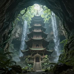 cyber-futurist pagoda inside an enormous vast cave with huge trees, vines, waterfall, style of Ted Nasmith, style of Daniel Merriam, magical, sublime, realistic, dramatic, establishing shot, cinematic lighting