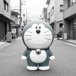 Doraemonドラえもん on a a street in a working-class district in Japan, b&w photo