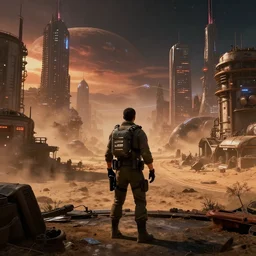 a film still from elysium by ian mcque, an anti - crime unit on the streets of a dusty sprawling industrial planet, city, vibrant, 5 0 mm lens, video game environment design, behance hd, studio, evening, night time, dramatic lighting, cinematic, global illumination, trending on artstation, bloom
