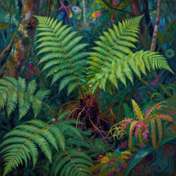 psychedelic fern forest by henri rousseau, 4 k, detailed, acid pixie