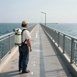 a milkman with a jetpack inspecting an endless bridge, photo realistic, realistic lighting, realistic shadows, ocean, bridge, milkman, surface reflections, highly detailed