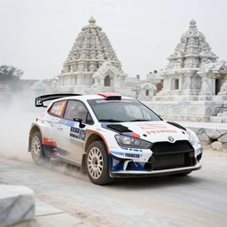 rally car driving thru a marble temple. film, high - speed sports photography, soft lighting
