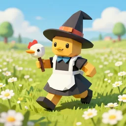 ( lowpoly ) ps 1 playstation 1 9 9 9 running anthropomorphic lurantis maid wearing witch hat holding a swadloon standing in a ( field of daisies ), mount coronet in the distance digital illustration by ruan jia on artstation