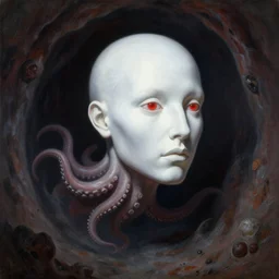 painting by greg rutkowski of a floating human head and face that is chalk white in color, with tentacles coming downwards of the neck, red eyes, flying in a terrying hell like cavernous place