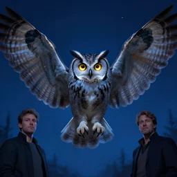 alphonse mucha, cinematic lighting, digital painting, portrait of a gray owl attacking with spreaded wings, sharp focus, cgsociety, concept art, illustration, artstation, album cover art, blue night lighting, bright golden eyes in the night, art by artgerm and greg rutkowski, highly detailed, symmetrical