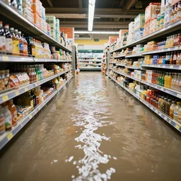 photo of a grocery store interior, the aisles is flooded with two meters deep water. eerie, volumetric lighting.