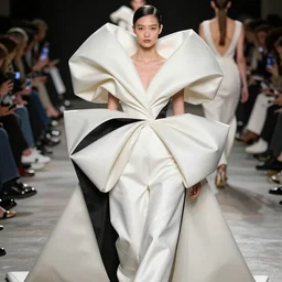 extremely beautiful woman wearing avant garde huge distorted comme de garcon haute couture gown in the style of rei kawakubo, couture, avant garde, matthew williams, givenchy, balenciaga, yohji yamamoto, japanese avant garde fashion, fashion, paris, runway, collection, beautifully lit, glossy, hd, 4 k, 8 k, extremely clear focus, sharp, award winning fashion photograph
