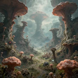 8k highly detailed alient planet, strange lifeforms, fungal growth, surreal, mindscape, dreamscape, intricate, beautiful, valley