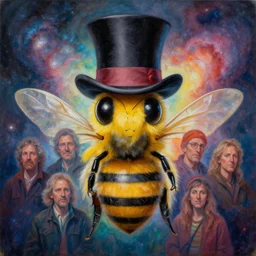 bee wearing a top hat, award winning, portrait, symmetry, faded lsd colors, galaxy background, tim hildebrandt, wayne barlowe, bruce pennington, donato giancola, larry elmore, masterpiece, trending on artstation, cinematic composition, beautiful lighting, hyper detailed!!!, 8 k, oil on canvas