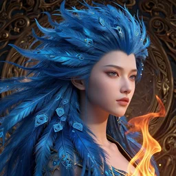 rhythm of wind and fire, beauty portrait, azure. detailed hair, fractal feathers, ornate, intricate background, fantasy art by ilya kuvshinov, peter mohrbacher, greg rutkowski, ross tran, craig mullins, thomas kinkade, victo ngai. unreal engine, blender, octane, ray tracing. sharp focus, masterpiece, post processing