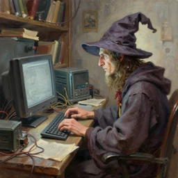 fantasy oil painting, side view of wizard sitting at his computer, typing on a keyboard, in a cluttered lab, wrinkled wizard hat, books, crt, hardware, wires, extremely detailed, digital illustration, concept art, readability, impasto, sharp focus, bright