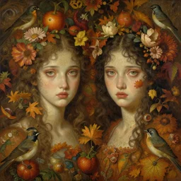 breathtaking detailed concept art painting blend of two goddess of autumn by hsiao - ron cheng with anxious piercing eyes, vintage illustration pattern with bizarre compositions blend of flowers and fruits and birds by beto val and john james audubon, exquisite detail, extremely moody lighting, 8 k