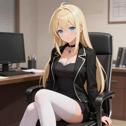 platinum - blonde - haired long bob cut blue - eyed princess wearing white leggings and black jacket, sitting in bolshevik office, anime hd, highly detailed, hyperrealistic lighting