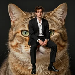 a portrait of a man sitting on the shoulder of a huge cat
