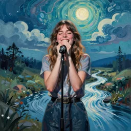 adrianne lenker singing electric waves, a rush of energy silent river pouring backward eternally through the phase and touch of entropy old age in the beginner to hit the stage and blush wild, laughingly crush the rage and rush time tappingly call the name so much so vapidly dissolving into thin air, serenity, syncho, painted by greg rutkowski, wlop