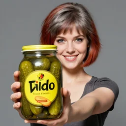 a smiling girl with short grey red hair proudly holding a fido jar into the camera. close up. the fido jar is filled with big green pickles. by frank frazetta