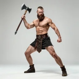wide shot low angle full body elegant hyperrealistic master piece portrait of historical accurate slim bodybuilder viking warrior, holding axe and sword, absurdly beautiful with beard and glasses, by greg rutkowski and artgerm and simon bisley, sharp focus, bright colors, matte, dynamic fighting pose