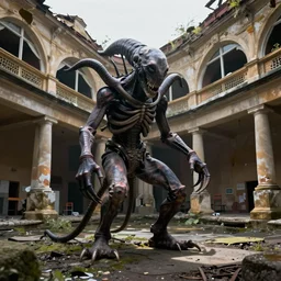 shoggoth in an abandoned roman bathhouse, cinematic, realistic photography
