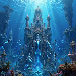 highly detailed pleadian towers and worlds with mermaids swimming in the deep with blue hue