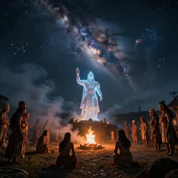 Dutch angle Fisheye lens way too close glowing futuristic warrior statue chanting tribesmen worshipping in the center of their village. Ominous clouds and smoke from the fire. 1100 AD. The Milky Way Galaxy is visible in the night sky along with many constellations and nebulas. Cinematic, Award winning, ultra high resolution, intricate details, UHD 8K. Rendered with autodesk arnold unreal engine octane render Lumion Blender Maxwell.