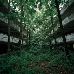 lush forest fills a liminal abandoned mall