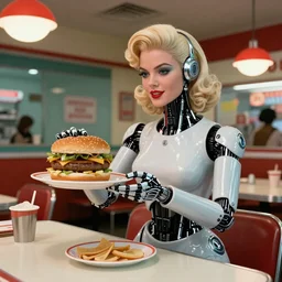 Historic image of a detailed cyborg girl serving hamburgers at a 1950s drive-through, artstation trending, highly detailed