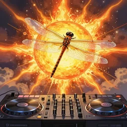 the sun is exploding over a giant DJ mixer artwork by Tomer Hanuka Rendering with an giant dragonfly flying over it. full of details, by Makoto Shinkai and thomas kinkade, Matte painting, trending on artstation and unreal engine