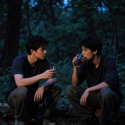 two guys having a drink at the woods in the night ,moody,realistic,calming
