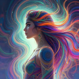 side profile portrait, maya ali as a wind sorceress, d & d, gloomhaven, soft luminescent glow, art nouveau, beautifully backlit, ripples, swirly vibrant color lines, fantastically gaudy, aesthetic octane render, 8 k hd resolution, by picasso, ilya kuvshinov, cushart krentz, gilleard james