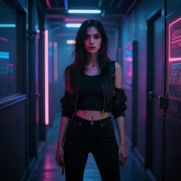 a woman standing in a hallway with neon lights, cyberpunk art by beeple, cgsociety, retrofuturism, dystopian art, ominous vibe, futuristic