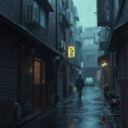 Cyberpunk back alley on a rainy day in Japan, low angle view, detailed matte painting, cinematic, Moebius, Artstation