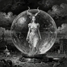 By Tom Bagshaw, ultra realist soft painting of a curiosities carnival by night, very beautiful horned single female in long curvy dress facing a transparent glass sphere, symmetry accurate features, very intricate details, omnious sky, black and white, volumetric light clouds