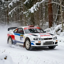 a 1 9 9 2 nissan silvia club k's, racing through a rally stage in a snowy forest