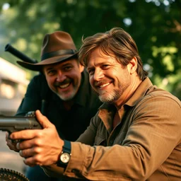 a photo of chris pratt as indiana jones together with harrison ford, cinematic, natural lighting, genuine smile